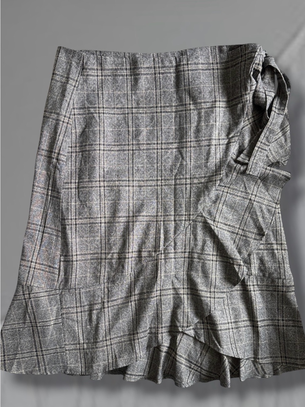 NWT Chouyatou Grey Plaid Ruffle Wrap Midi Skirt XL Tie Waist